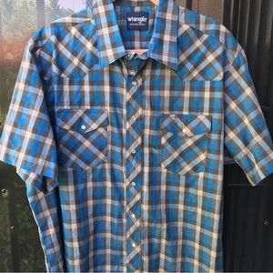 Mens Wrangler Western Pearl Snap Short Sleeve Blue Plaid Shirt Sz 2XL Chest 56”